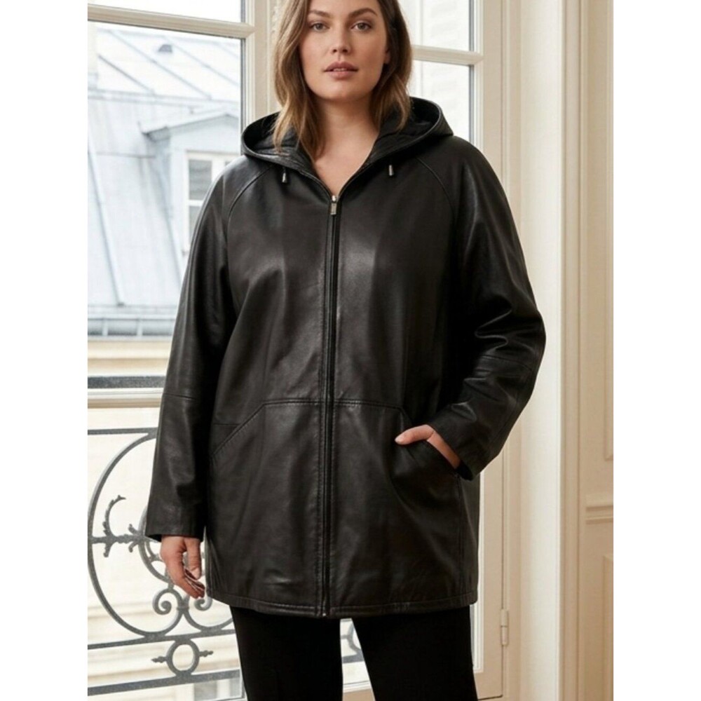 Ouibrook Black Hooded Leather Jacket - Classic Zip Front Size 1X